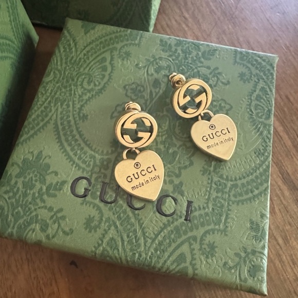 Meet the Posher Jewelry - Gold Heart Drop Earrings with Interlocking Logo Accent